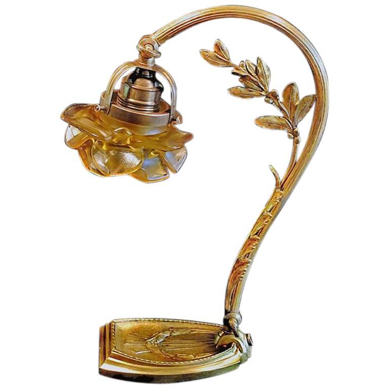 French Art Nouveau Desk Table Bronze Lamp, circa 1920 at 1stDibs