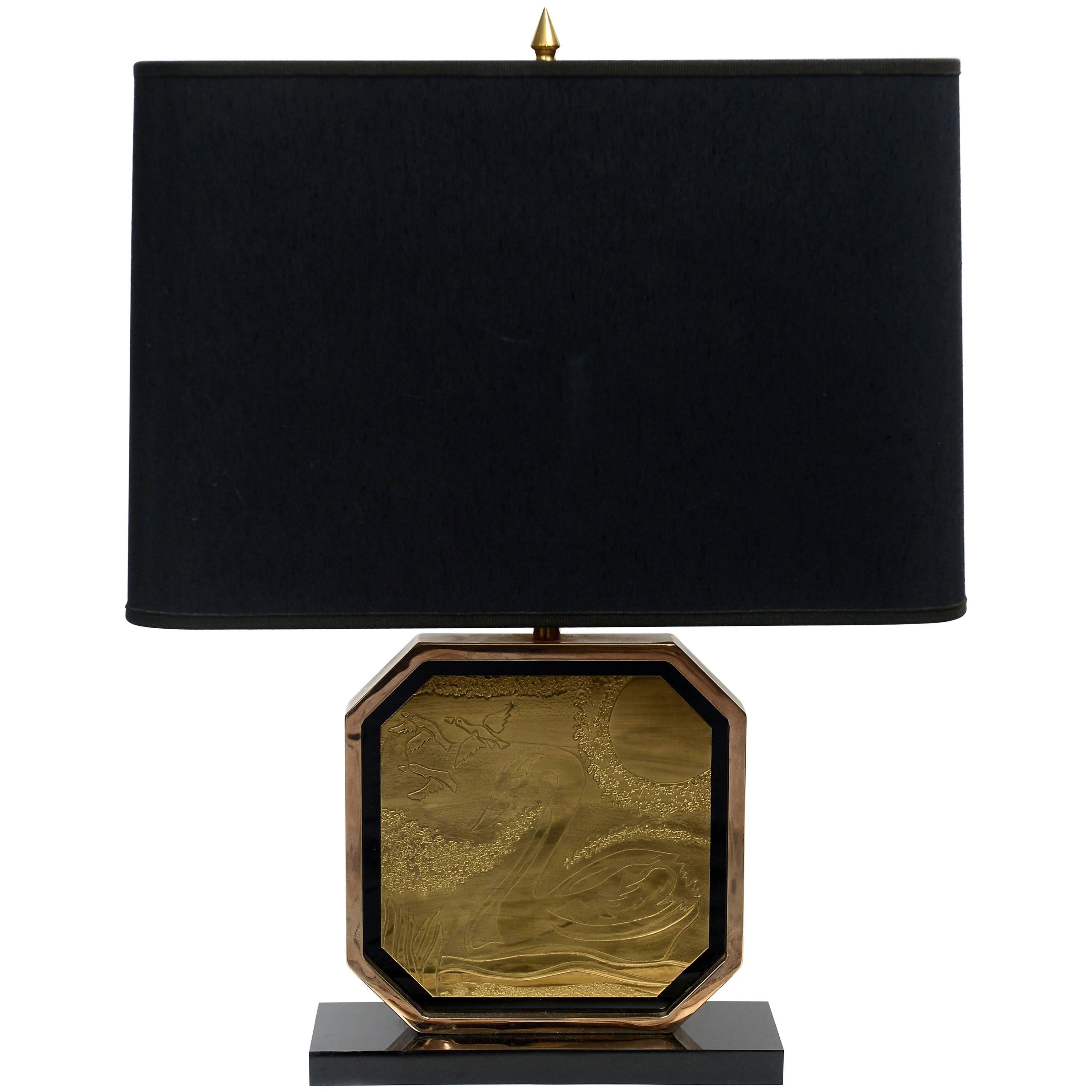 Brass Etched 23 Karat Gold-Plated Table Lamp by George Matthias For Sale