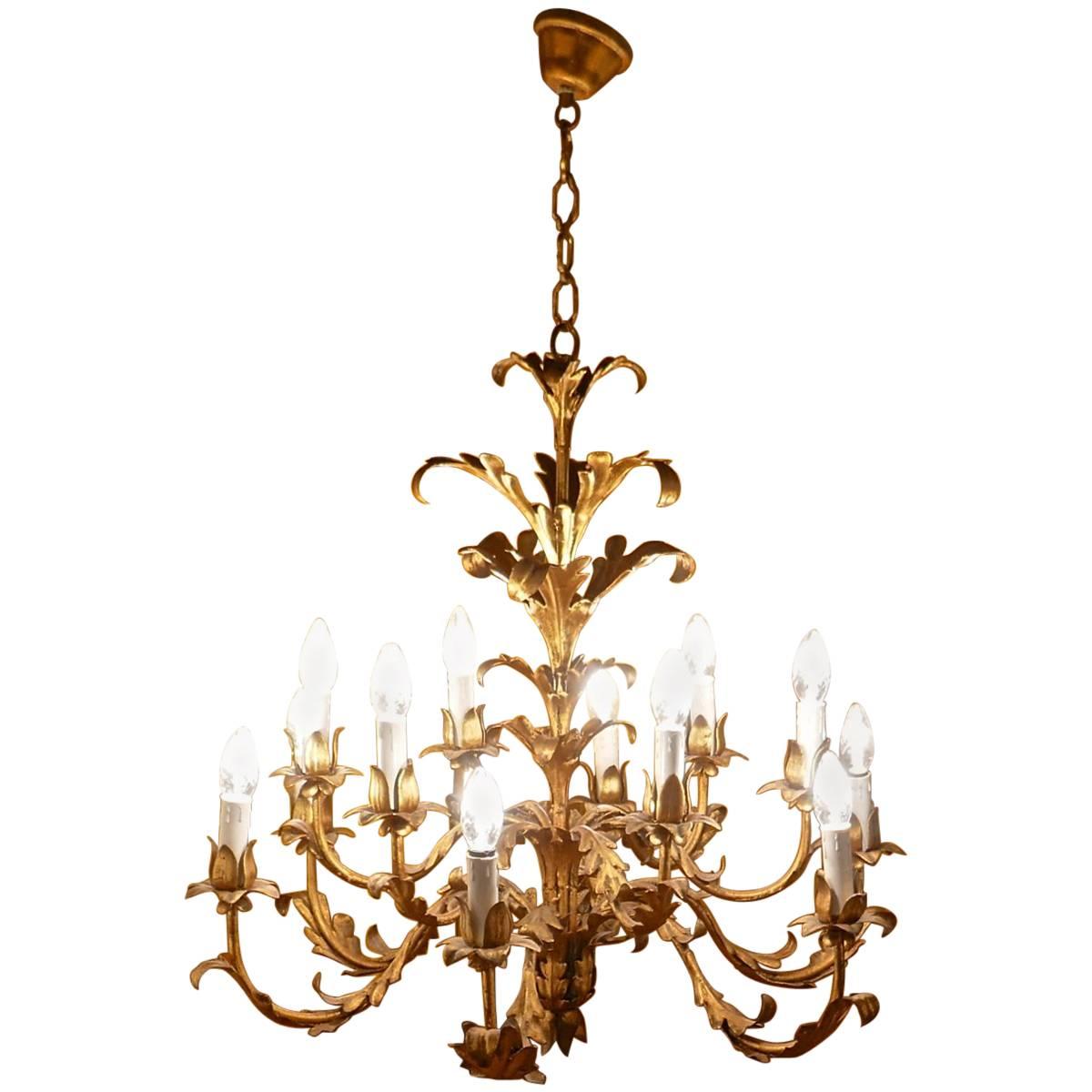 Very Large French 12 Branch Gold Tole Chandelier