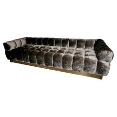 Custom Tufted Charcoal Brown Velvet Sofa with Brass Base by Adesso Imports