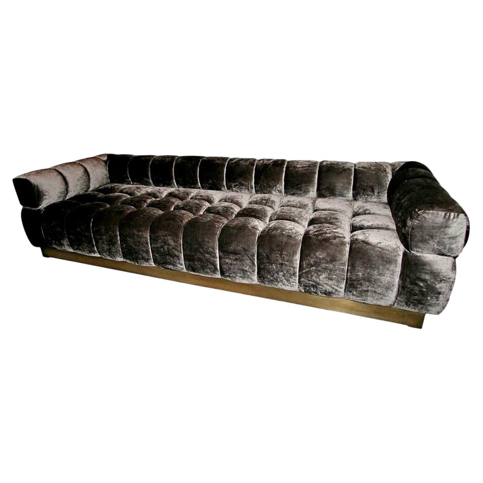 Custom Tufted Charcoal Brown Velvet Sofa with Brass Base by Adesso Imports For Sale