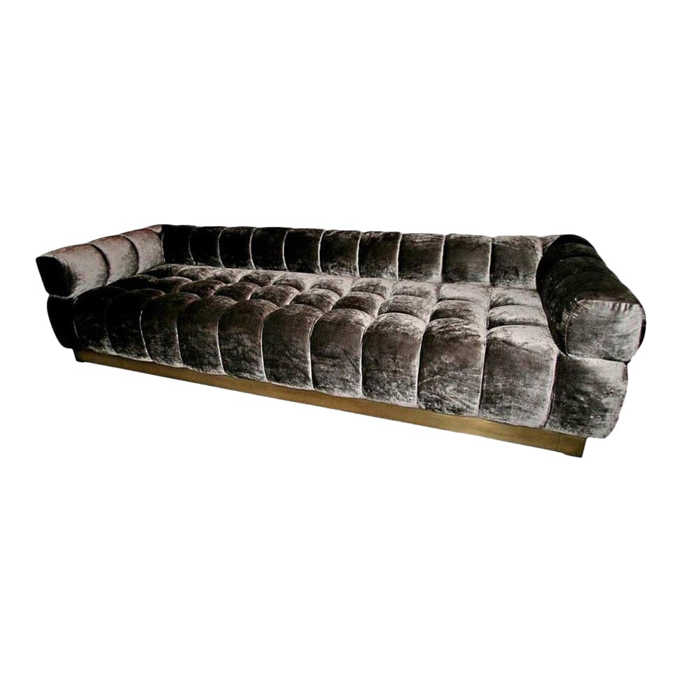Custom Tufted Charcoal Brown Velvet Sofa with Brass Base by Adesso Imports