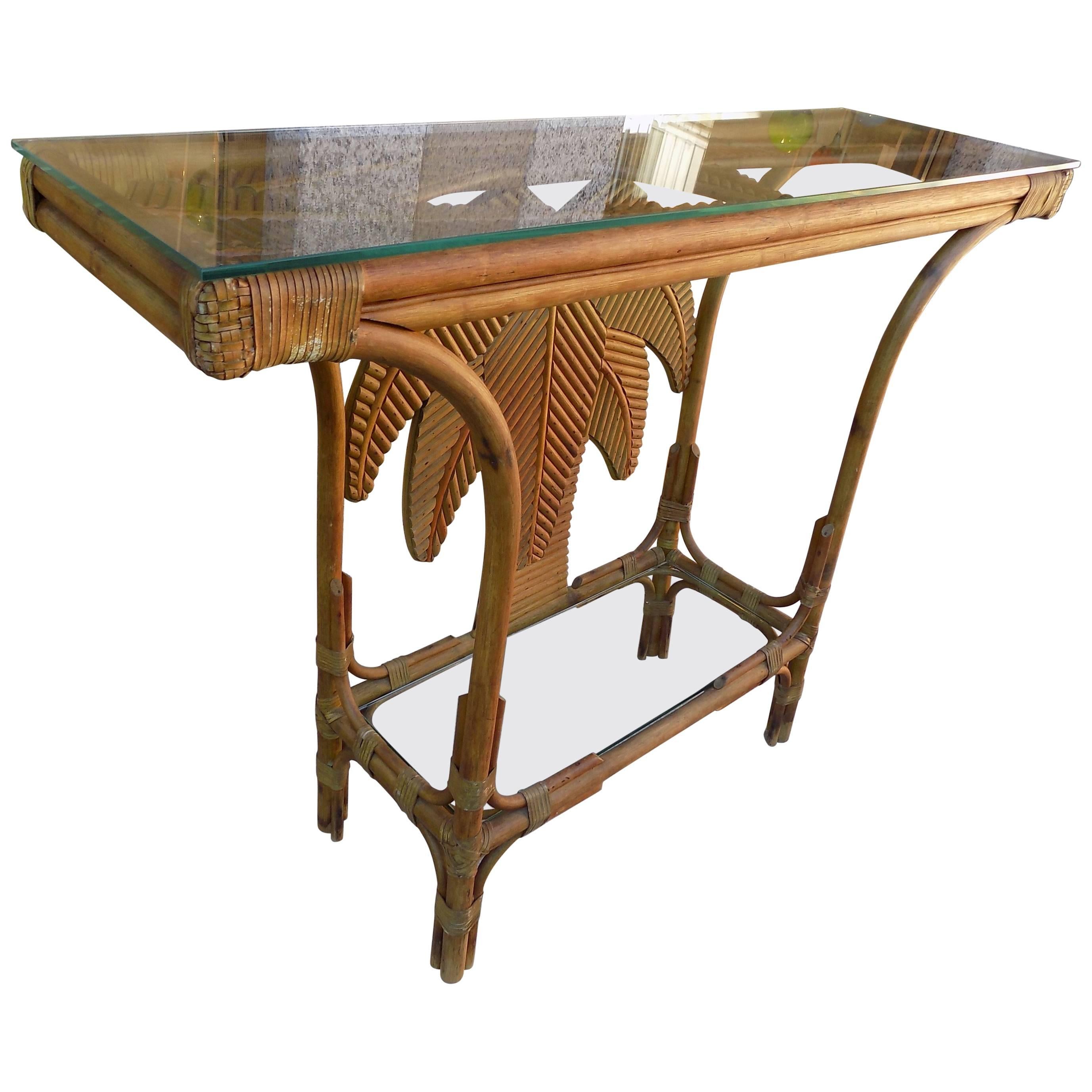 Huge 1960 Italian Palm Trees Wicker Console For Sale