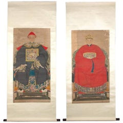 Pair of Hanging Scrolls Brushing Painting of Qing Dynasty Imperial Noble Couple