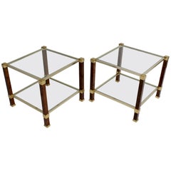 Pair of Pierre Vandel Two-Tiered Speckled Maple, Gilded Metal Side Tables