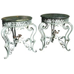 Pair of French Wrought Iron Marble-Top Art Deco Tables style of Rene Drouet