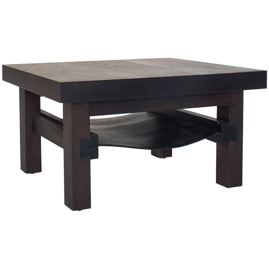 Dovetail Low Table or Coffee Table with Leather Shelf For Sale
