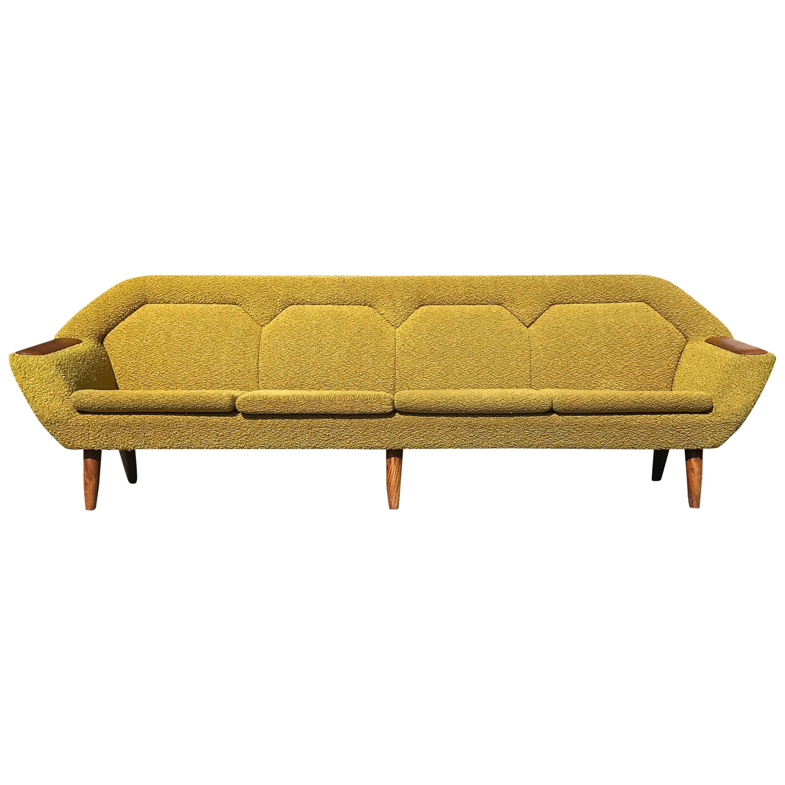 Norwegian Danish Long Four-Seat Sofa Couch with Teak Arms