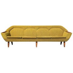 Norwegian Danish Long Four-Seat Sofa Couch with Teak Arms