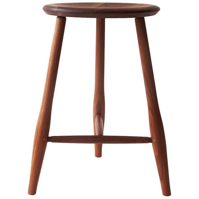 Swell Counter Stool, Turned Leg and Brass Stool For Sale
