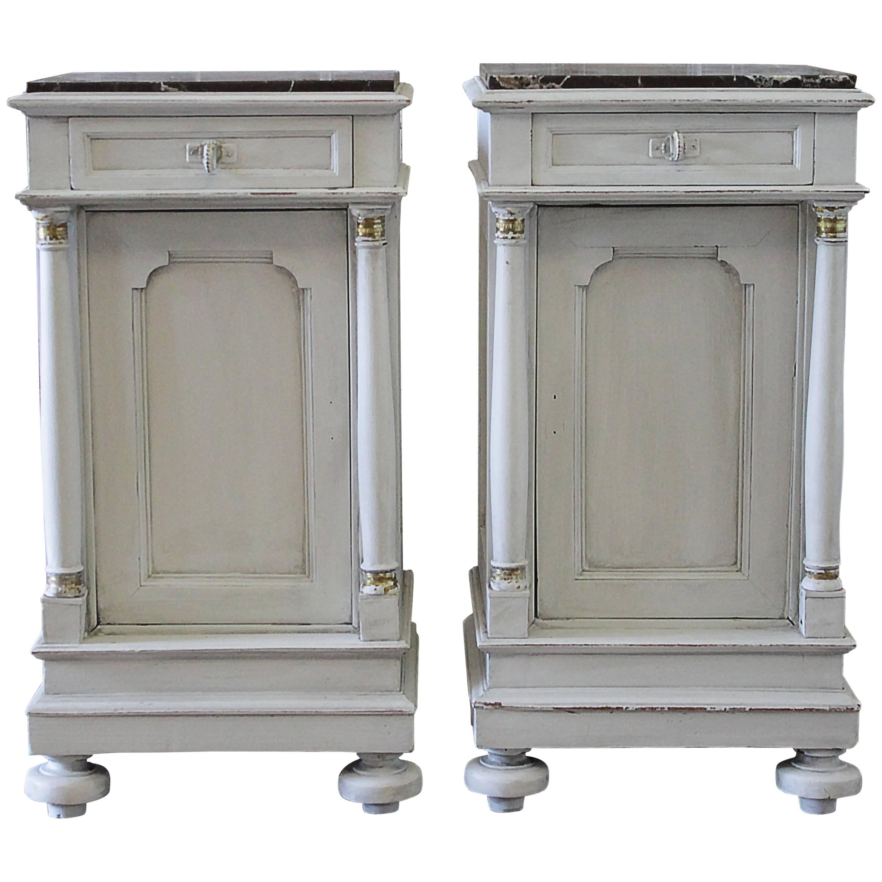Pair of Painted Neoclassical Style Nightstands with Marble Tops