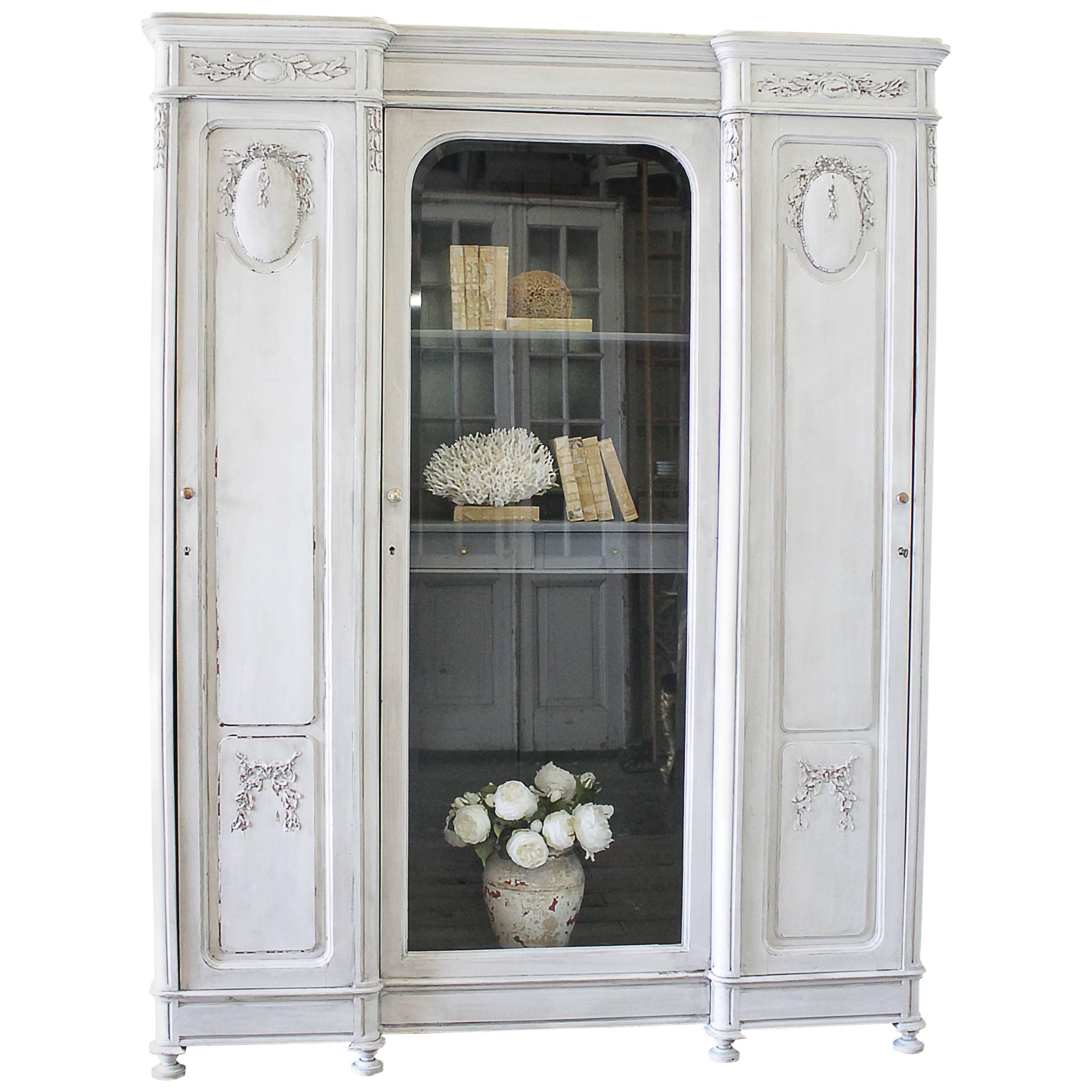Antique French Style Painted and Carved Display Triple Armoire