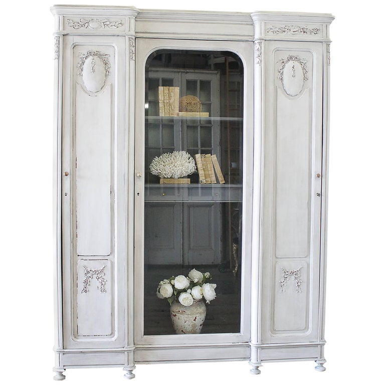 Antique French Style Painted and Carved Display Triple Armoire at 1stDibs