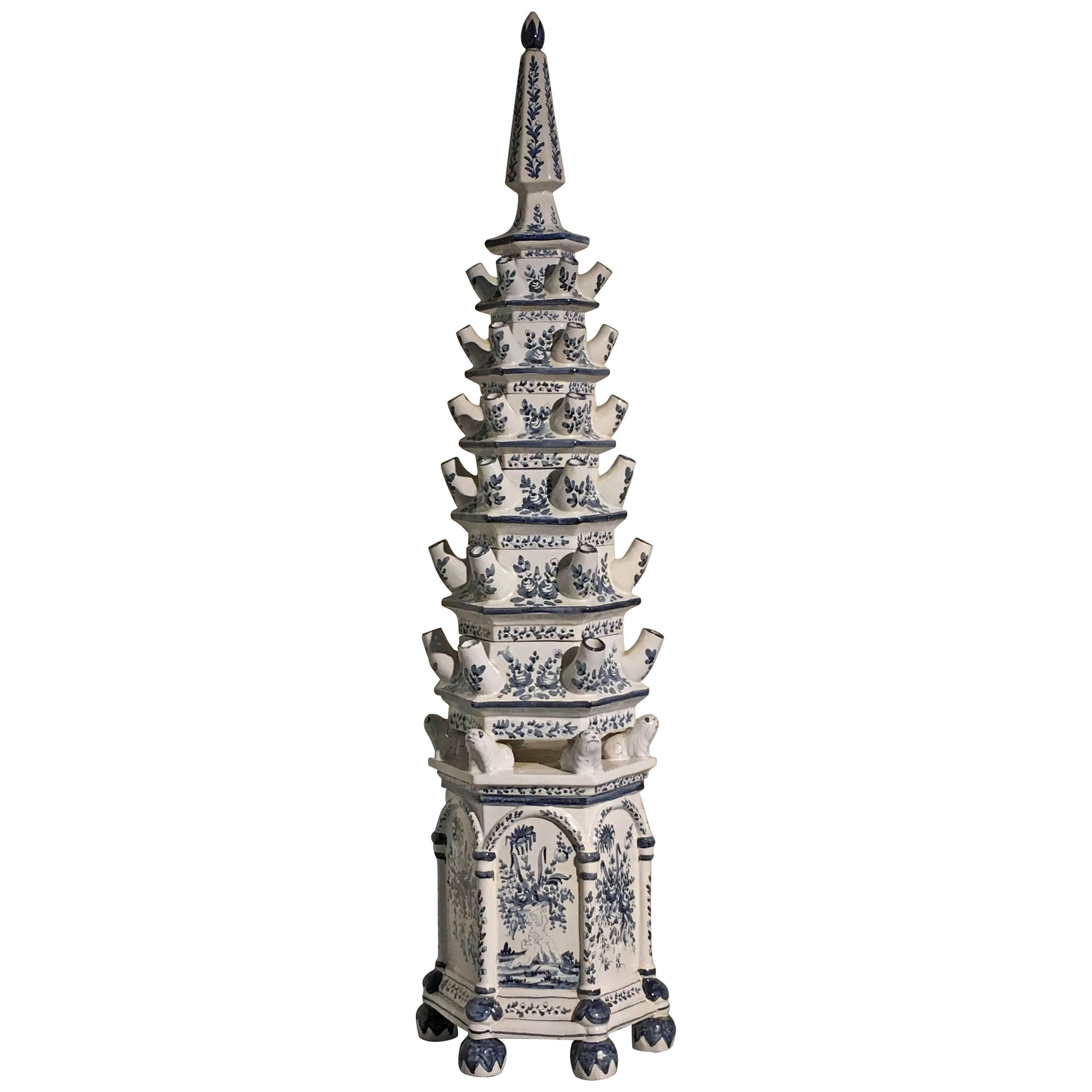 Italian Blue and White Painted Faience Pagoda Form Tulipiere, Mid-20th Century