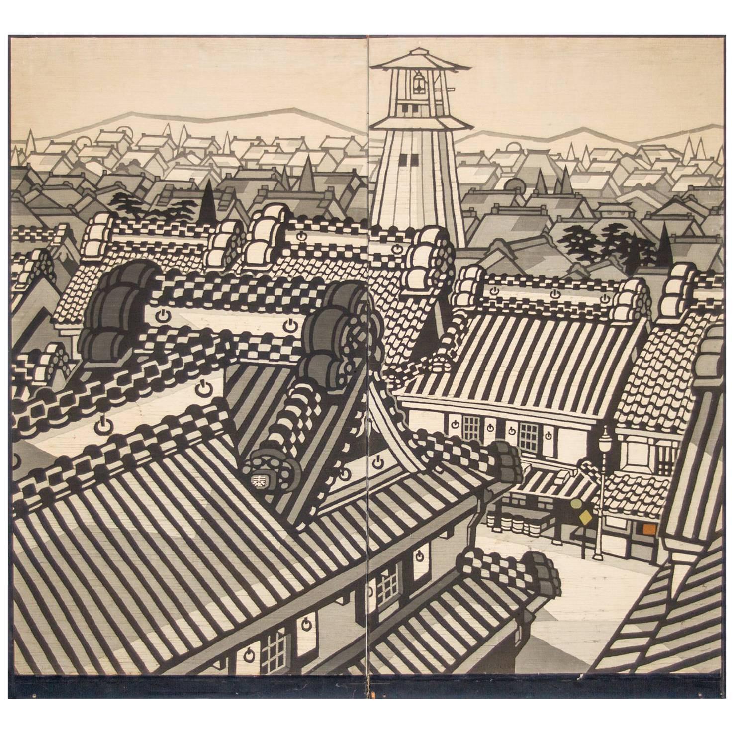 Japanese Two-Panel Screen, City View of Kyoto