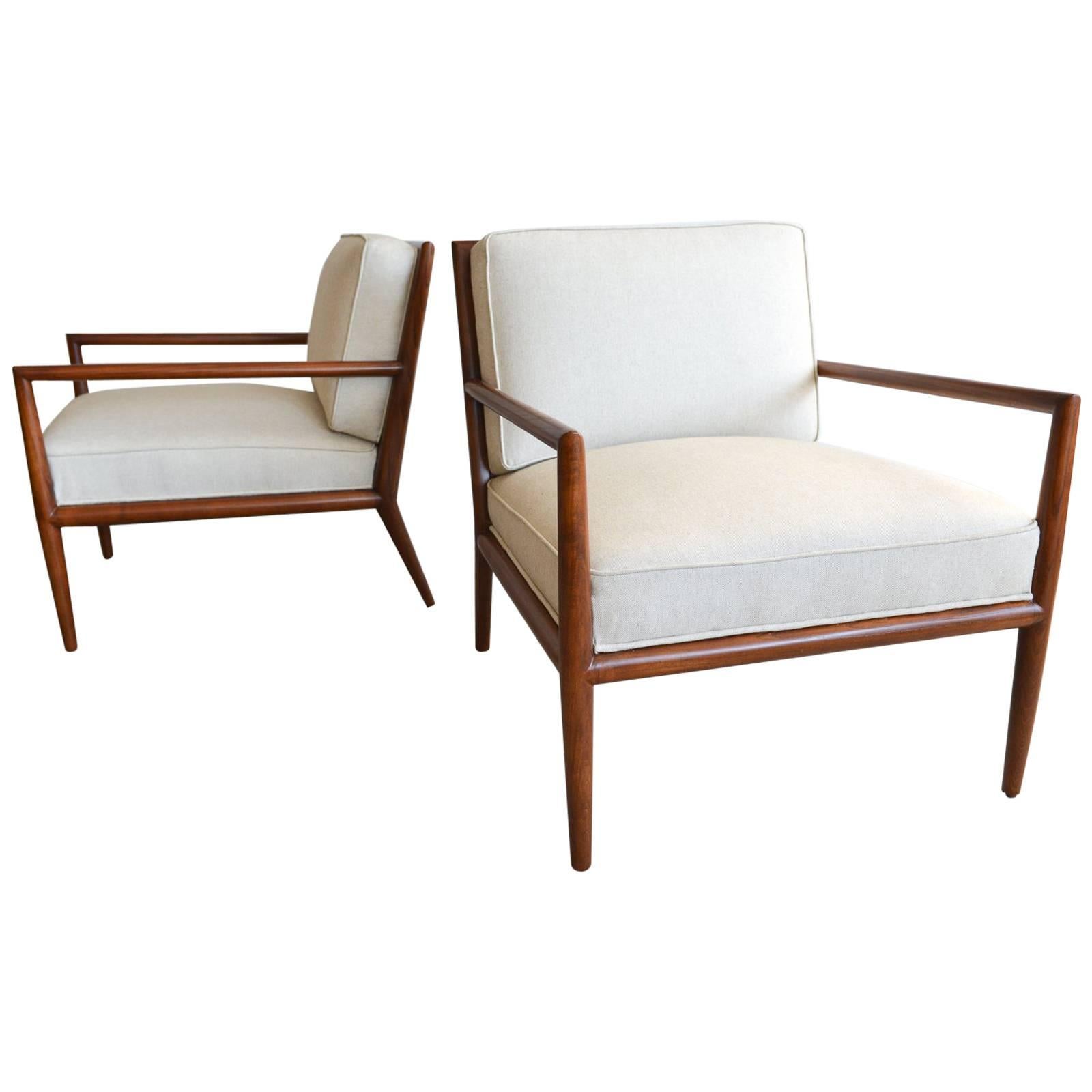 Pair of T.H. Robsjohn-Gibbings Walnut Frame Lounge Chairs, circa 1959
