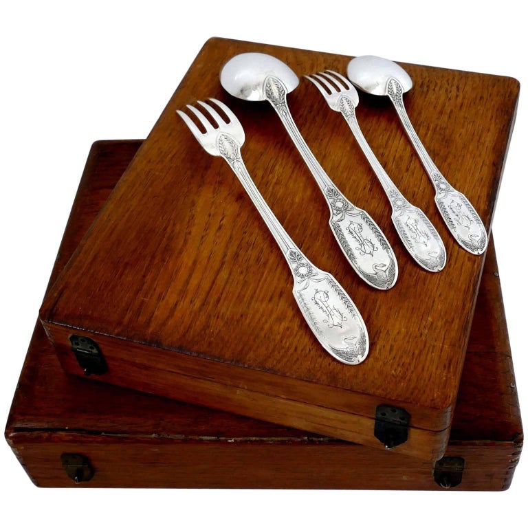 Puiforcat French Sterling Silver Flatware Set of 48 Pieces, Chest, Empire, Swan at 1stDibs