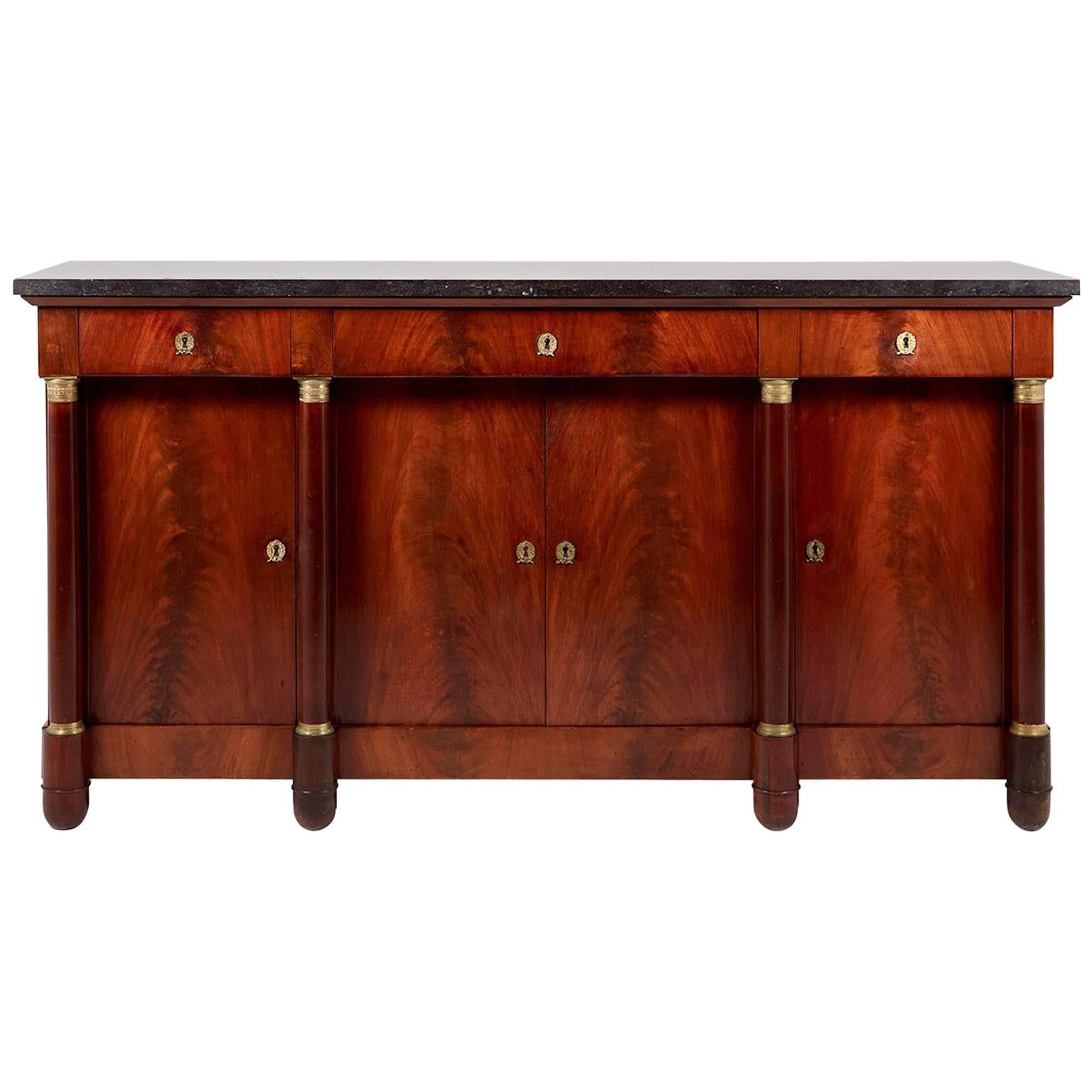 Antique Empire Style Mahogany Sideboard with Columns and Marble Top, circa 1910