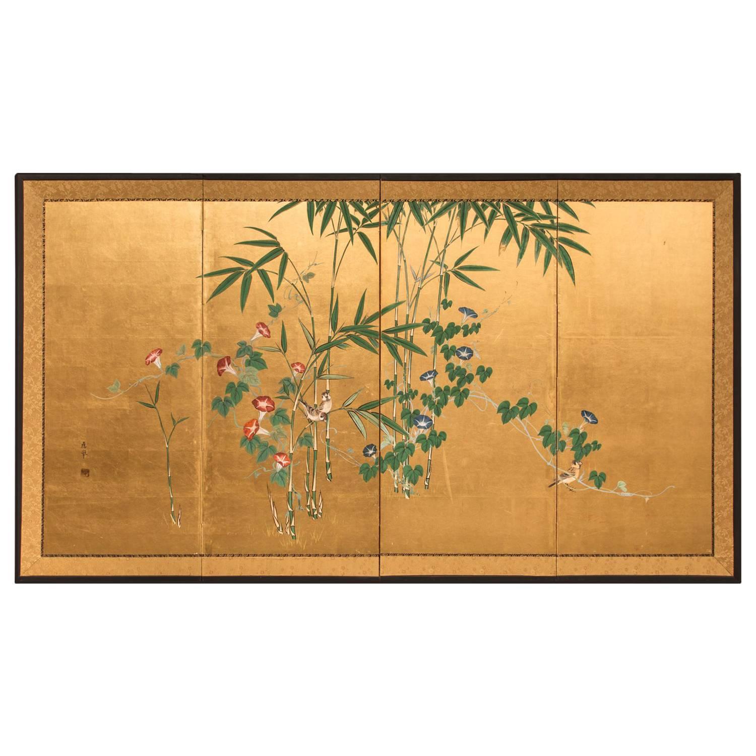 Japanese Four-Panel Screen, Young Bamboo and Morning Glory For Sale