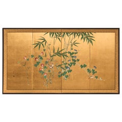 Antique Japanese Four-Panel Screen, Young Bamboo and Morning Glory