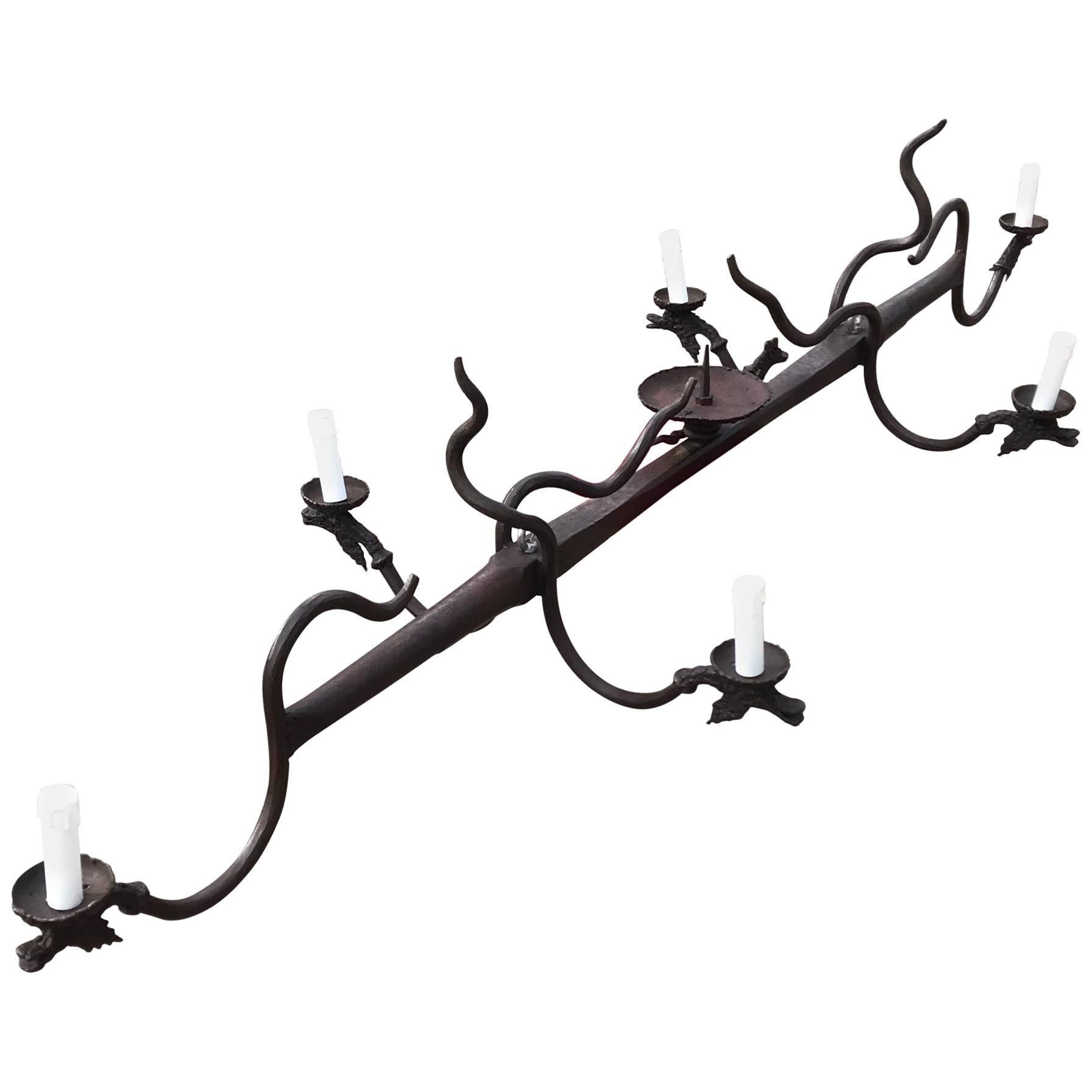 Large Wrought Iron Arts & Crafts Forged & Stylized Dragon Heads Snake Chandelier For Sale