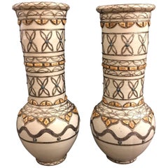 Pair of Moroccan Ceramic Large Hand-Painted Vases with Camel Bone