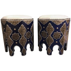 Pair of Moroccan Silver Metal Inlaid Stools with White Leather