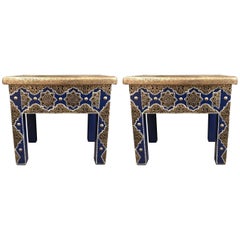 Pair of Moroccan Silver Metal Inlaid Blue Rectangle Side Table