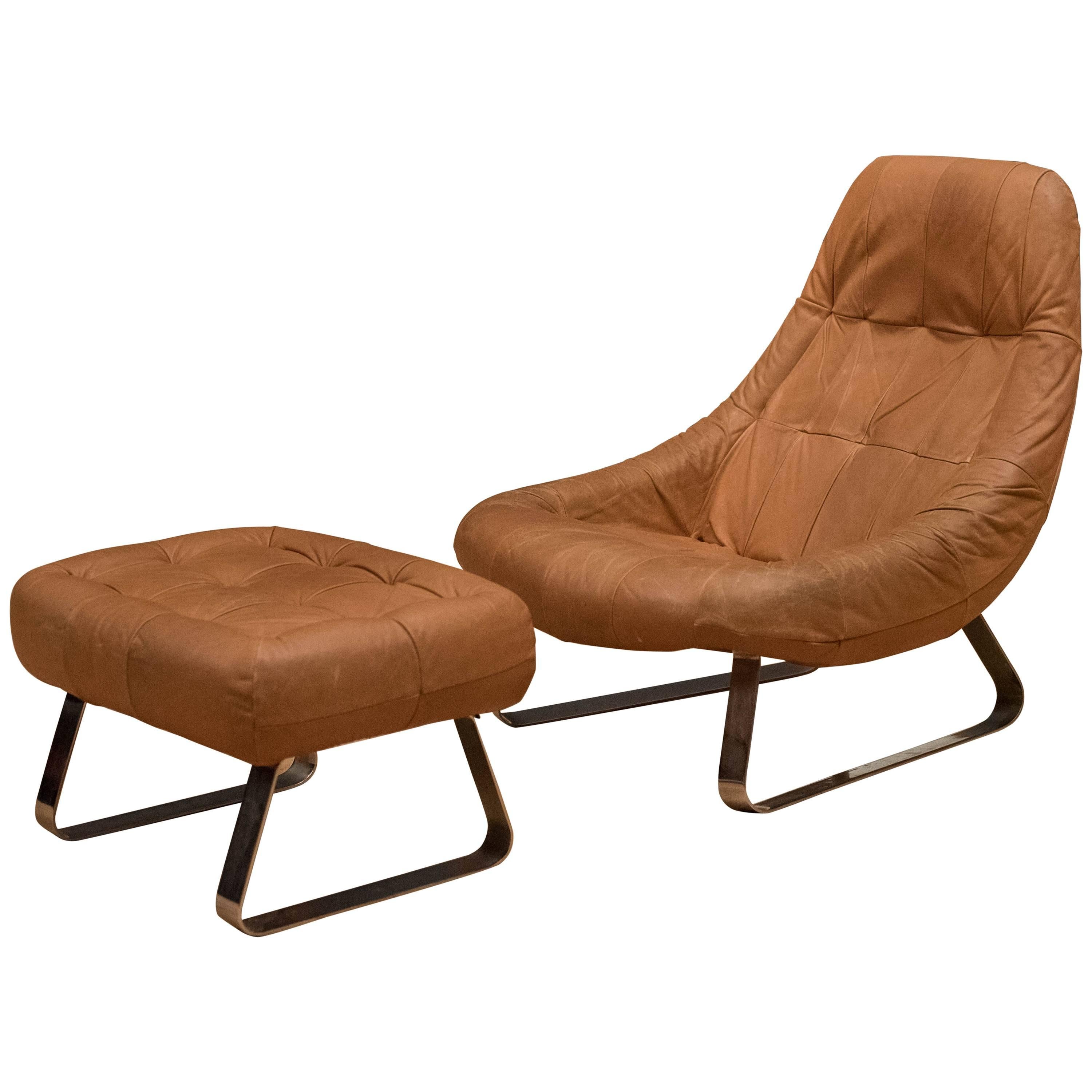 Brazilian Leather Lounge Chair and Ottoman by Percival Lafer