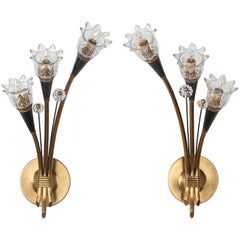 Midcentury Pair of Metal and Glass Sconces by Lunel, 1950s