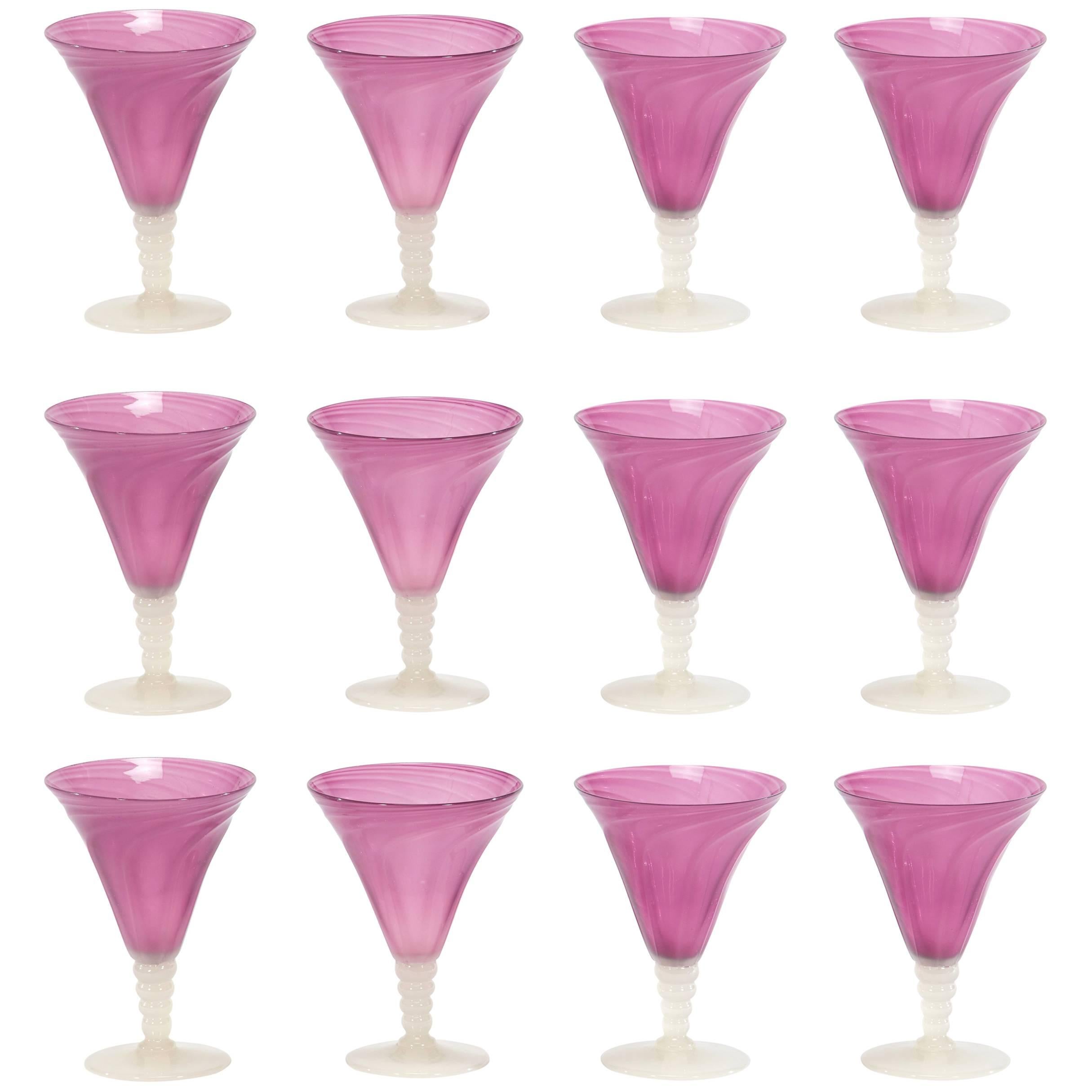 Set of 12 Stevens & Williams Amethyst Goblets with Optic Swirl & Alabaster Stems