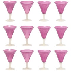 Set of 12 Stevens & Williams Amethyst Goblets with Optic Swirl & Alabaster Stems