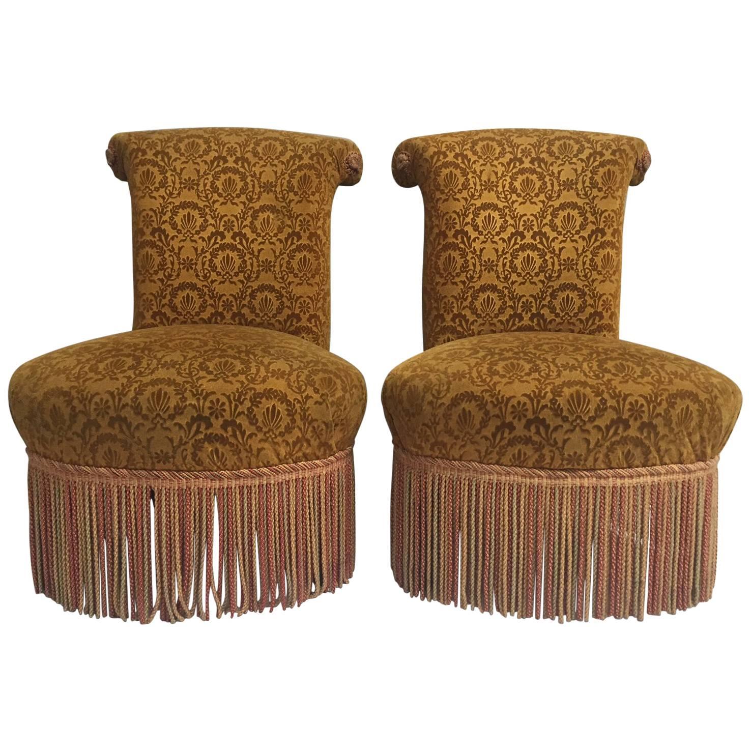 Elegant Pair of Antique French Upholstered Slipper Chairs