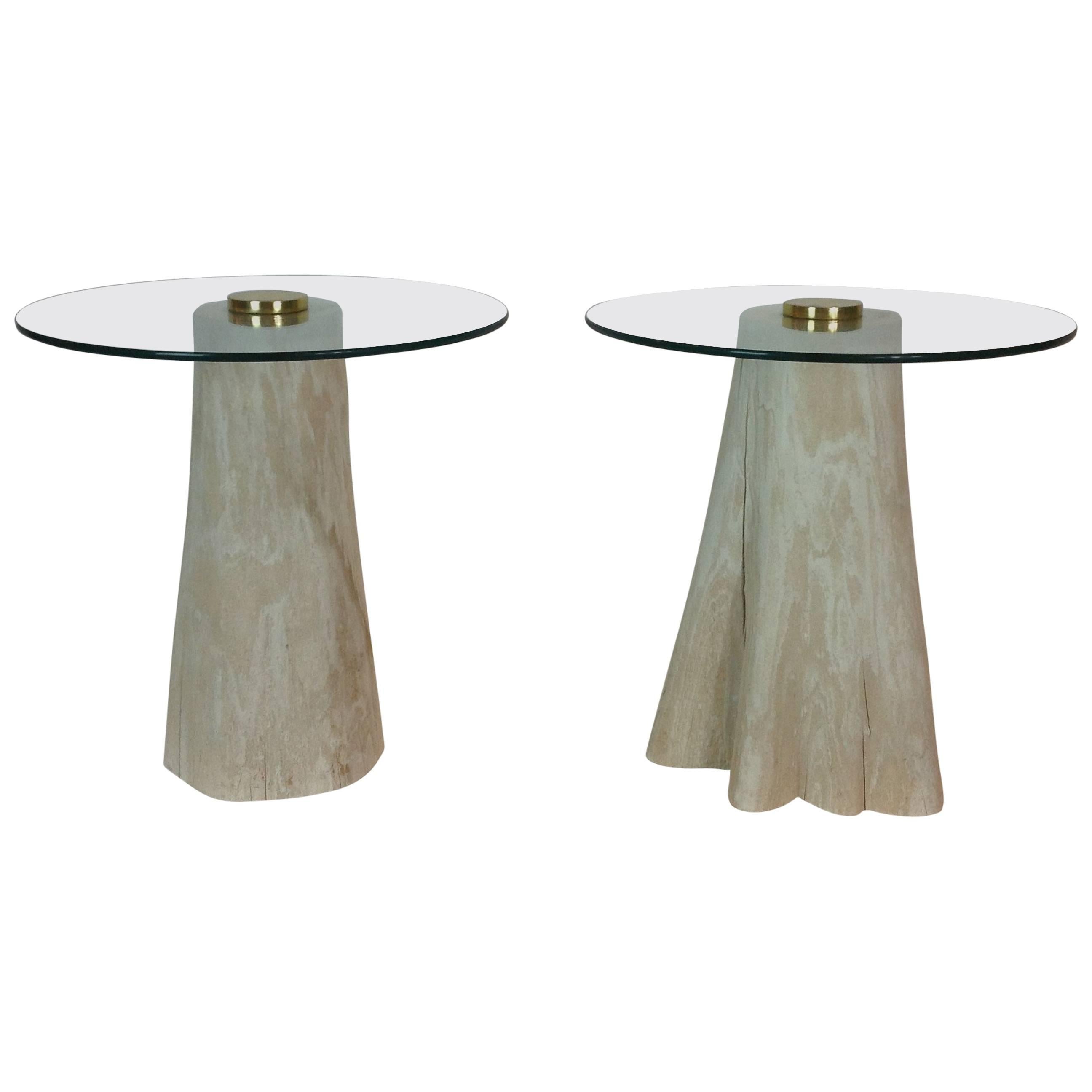Pair of Cerused Tree Trunk Glass Top Side Tables