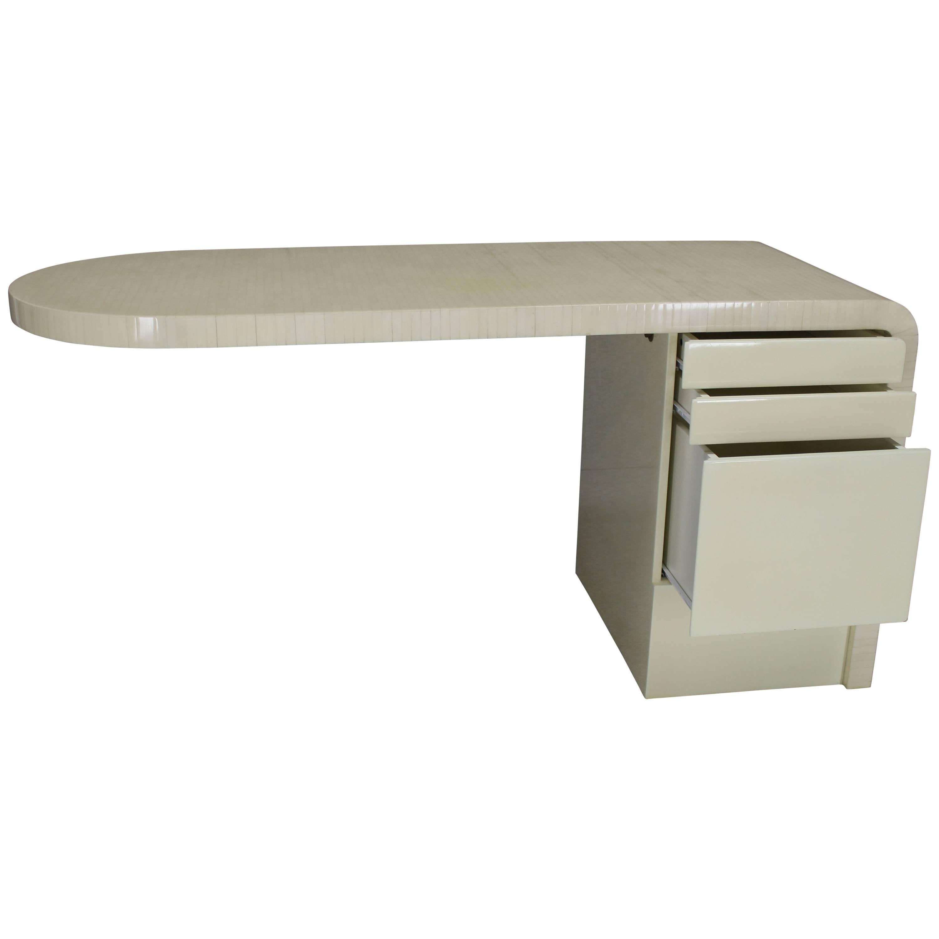 Cantilever Lacquered White Tessellated Bone Tile File Drawer Desk Writing Table For Sale