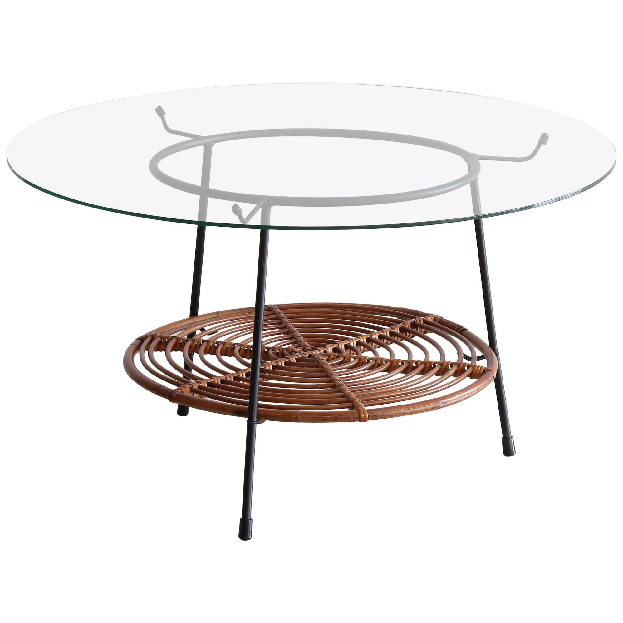 Italian Wicker and Iron Table with Glass Top by Raymor
