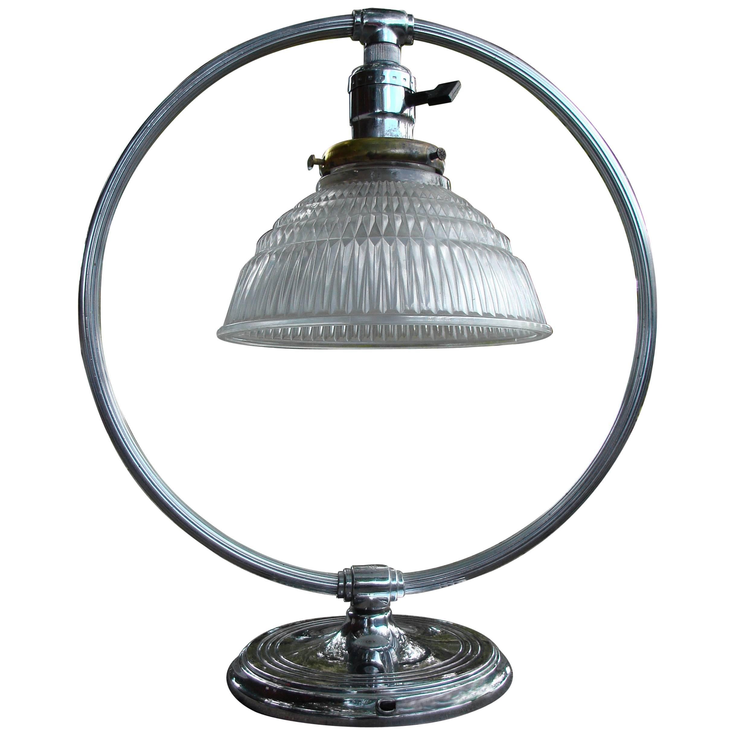 Art Deco Machine Age Chrome and Glass Circular Table Lamp by Chase For Sale