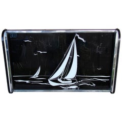 Art Deco Machine Age Chrome and Black Reverse Painted Glass Tray, circa 1940s