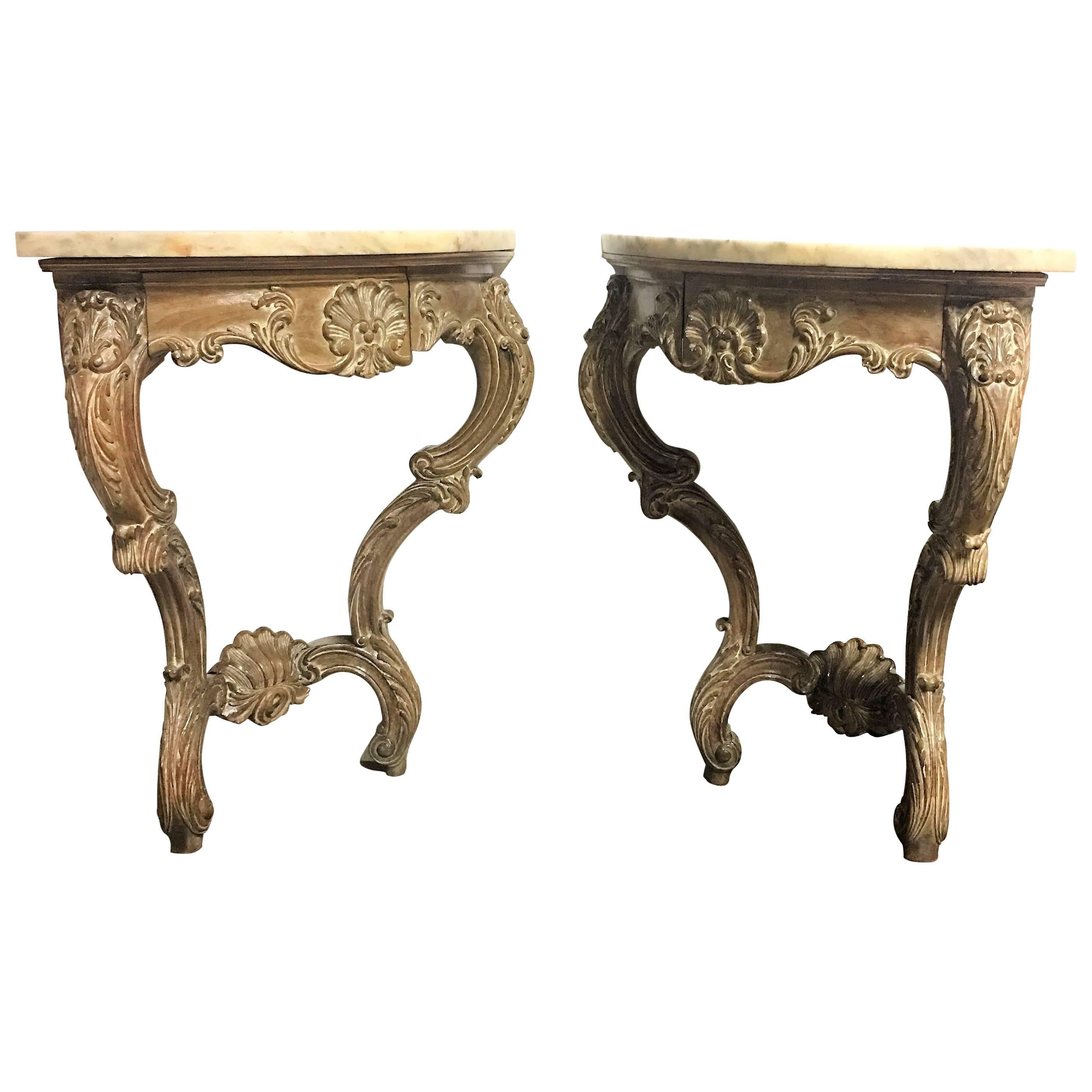 Early 20th Century Rococo French Hand-Carved Pair of Corner Consoles with Drawer For Sale