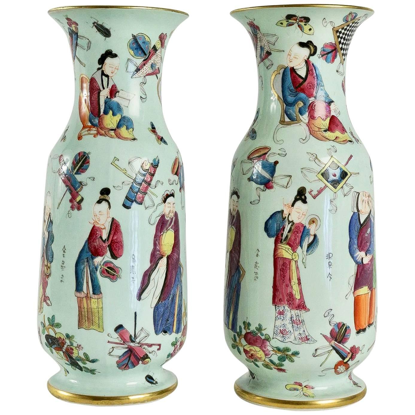 Bayeux, French 19th Century, Polychrome Celadon Family Pair of Vases circa 1850