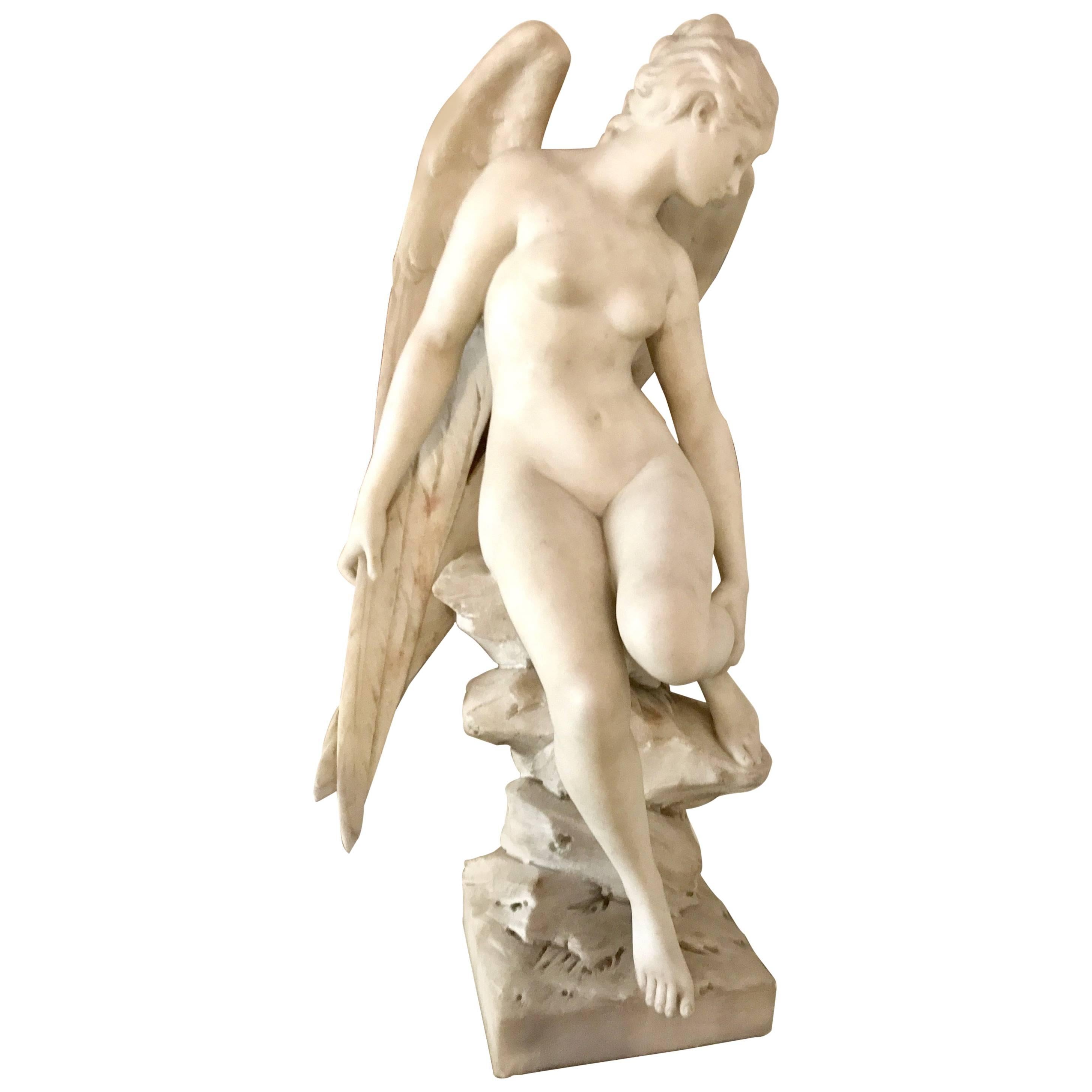 Tycoon's Italian Carrara Marble Angel Sculpture Signed A. Piazza, circa 1890 For Sale