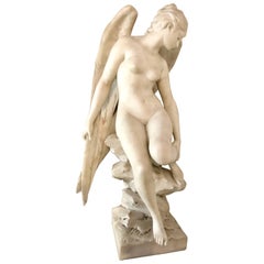 Tycoon's Italian Carrara Marble Angel Sculpture Signed A. Piazza, circa 1890