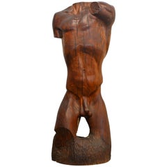 Expressive Lifesize Hardwood Statue of Male Nude by Dennis Penessa