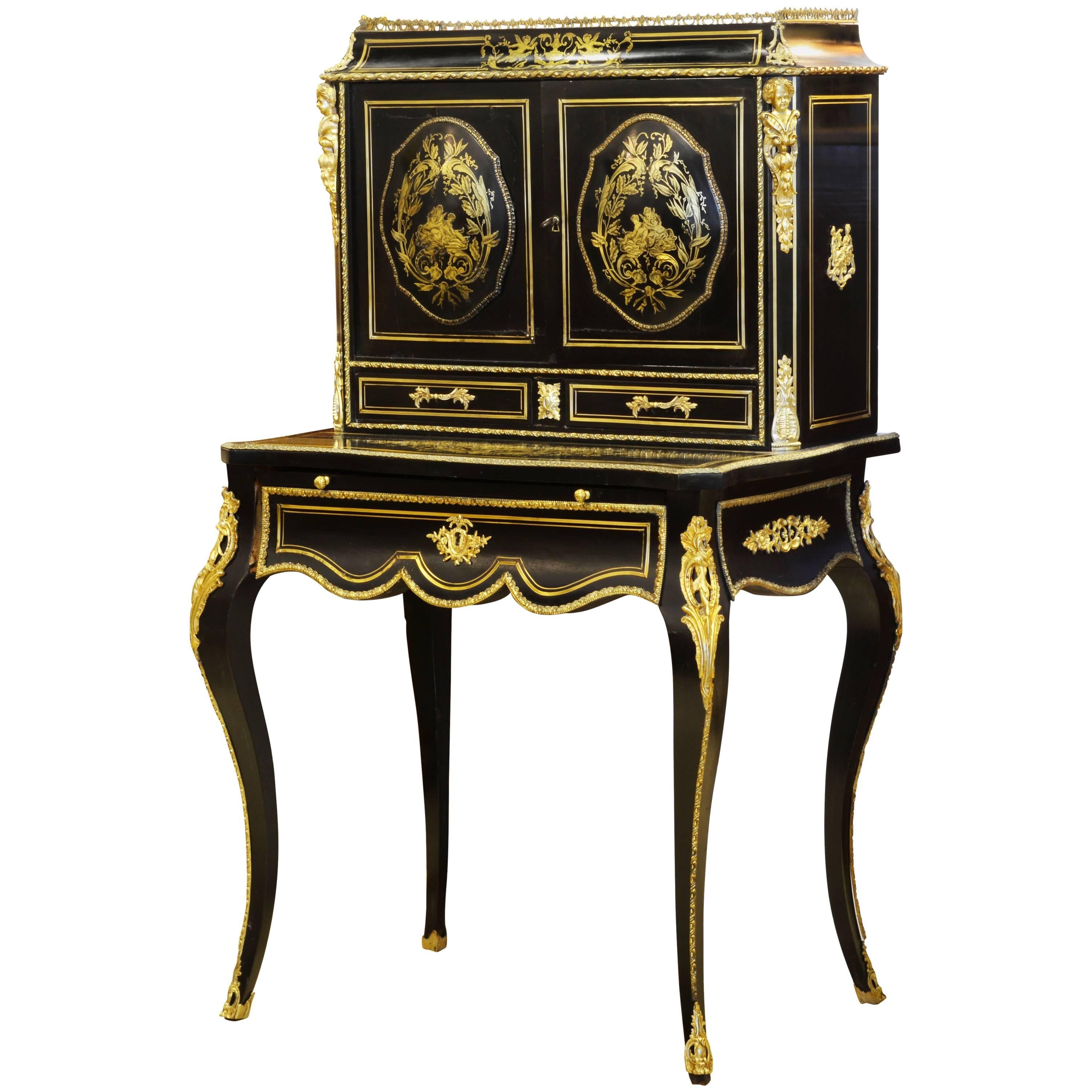 Napoleon III Ebonized and Boulle Style Brass Inlaid Bonheur Du Jour Writing Desk
