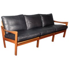 Illum Wikkelsø for Eilersen, 1960s Danish Teak and Black Leather Sofa