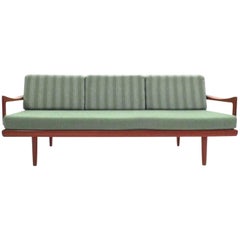 Vintage Danish Tove & Kindt-Larsen Green Wool & Teak Sofa Daybed Midcentury 1950s