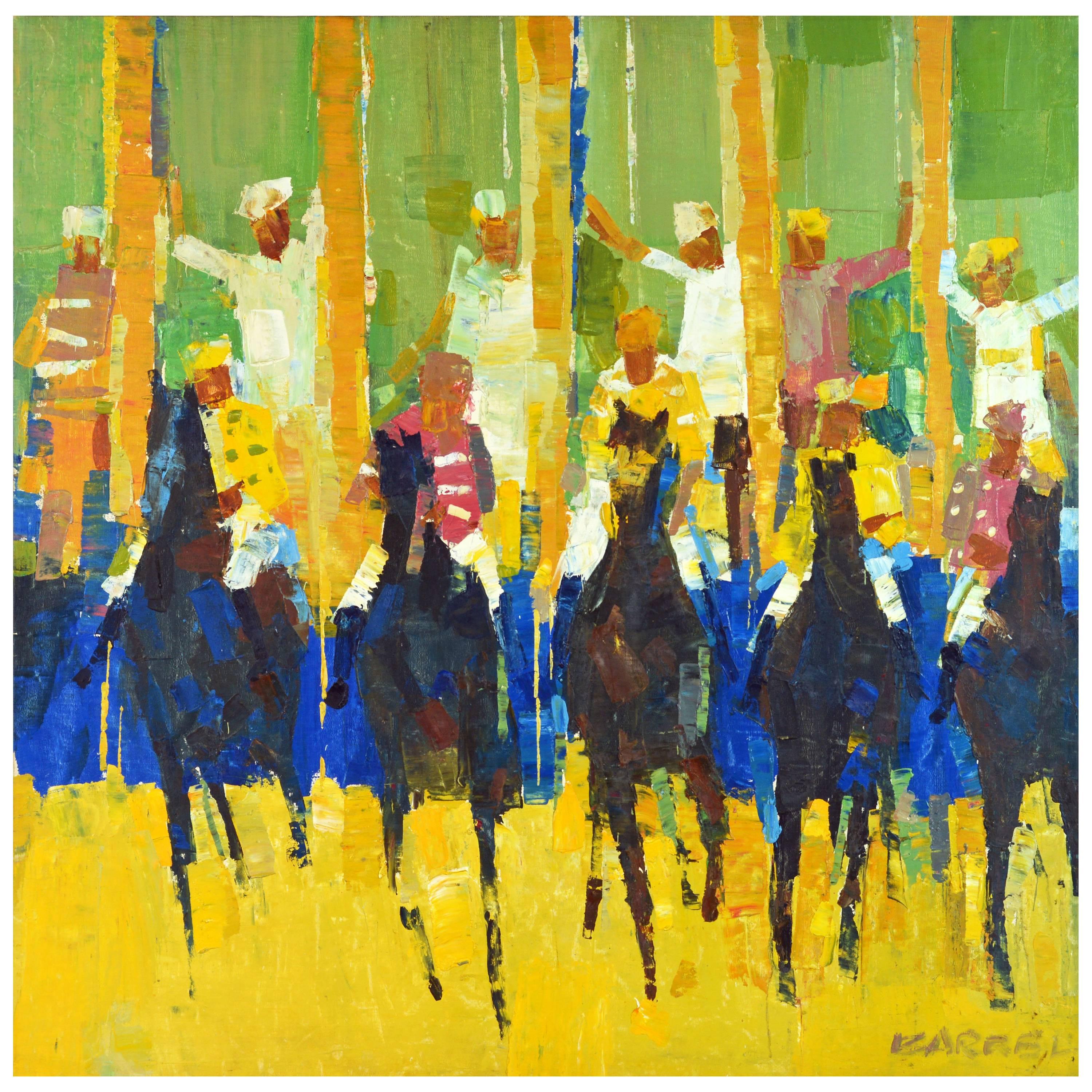 'Start of the Horse Race' Midcentury Oil Painting by George Barrel