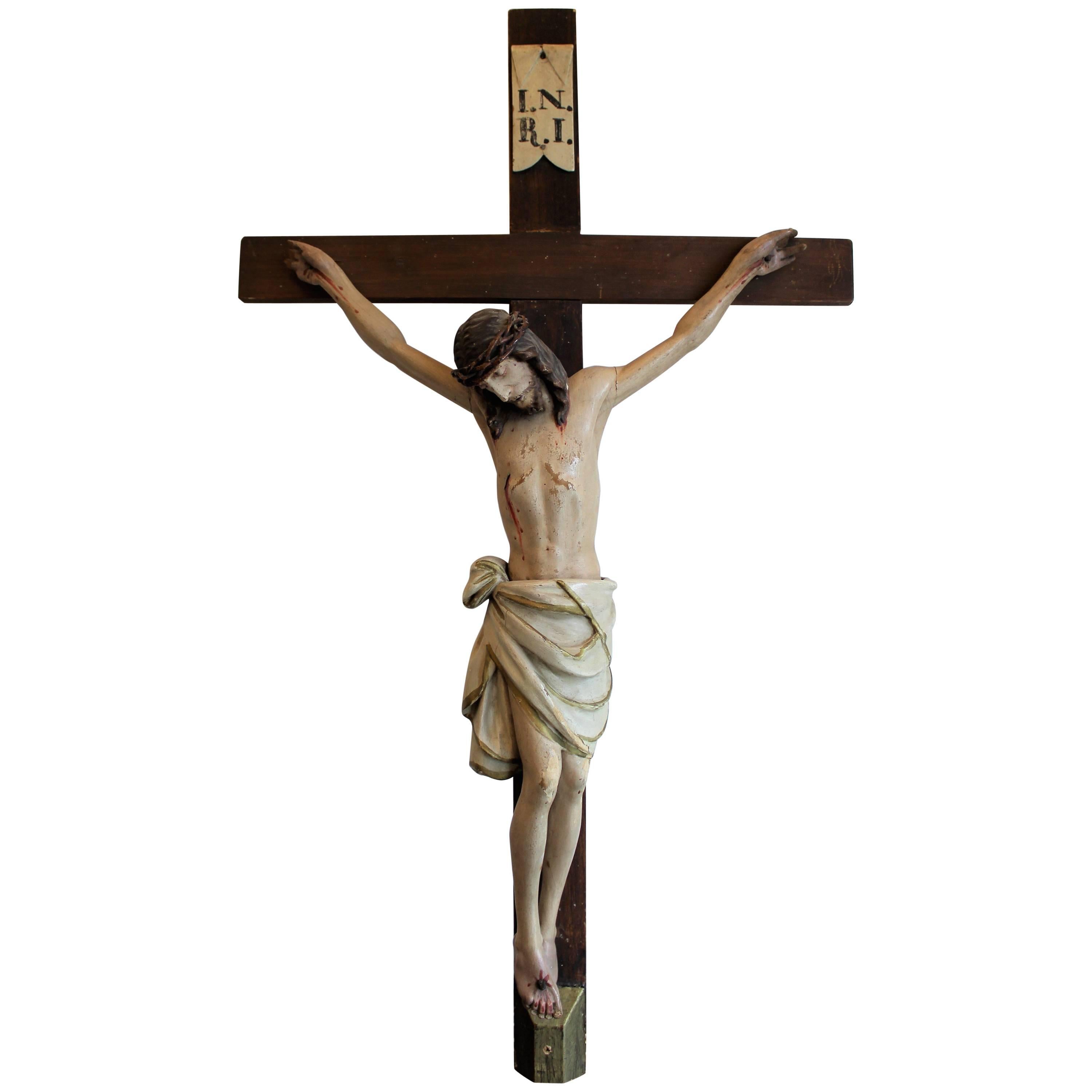 Early 19th Century European Hand Carved and Polychromed Wood Crucifix