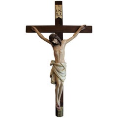 Early 19th Century European Hand Carved and Polychromed Wood Crucifix