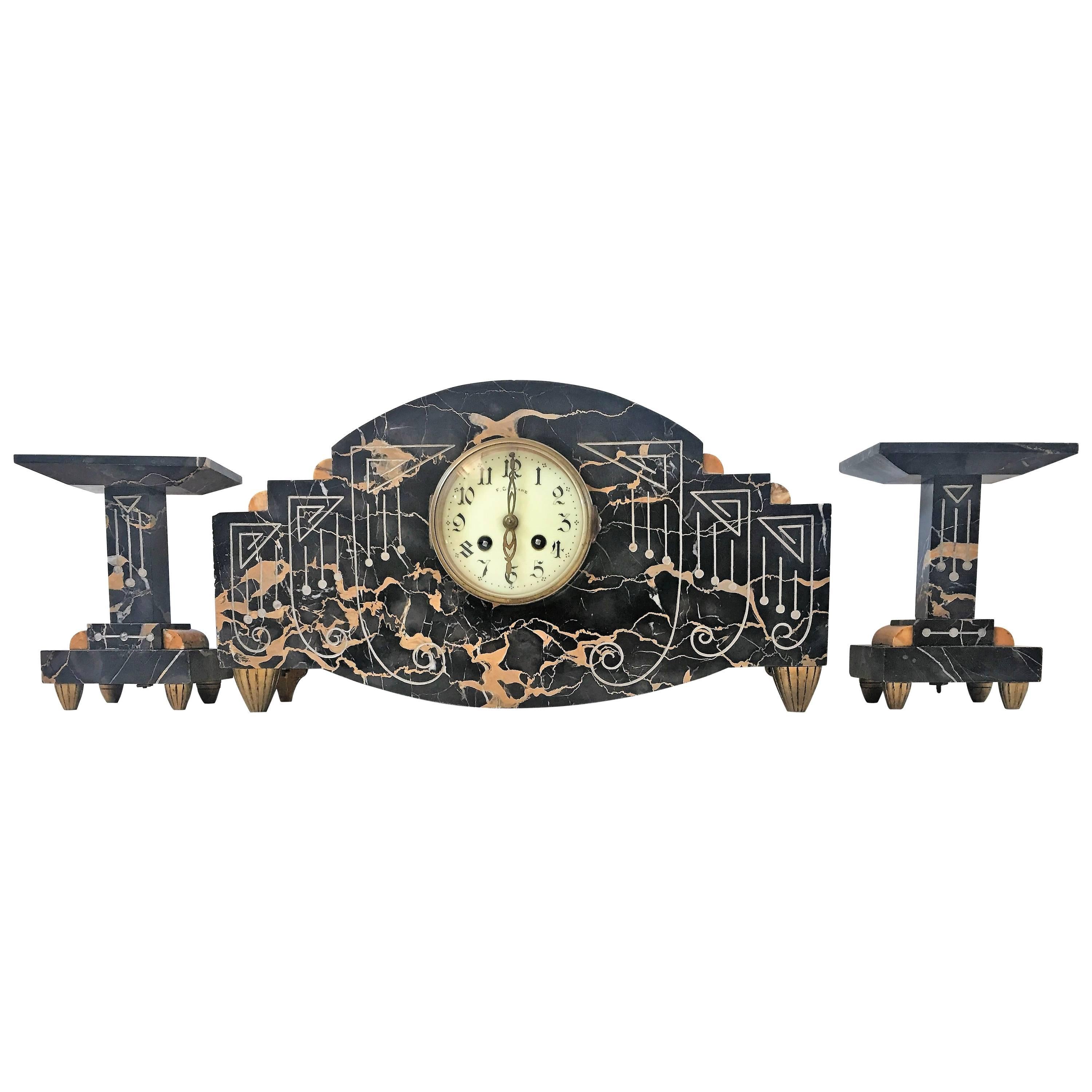 Art Deco Marble Mantel French Bronze Clock with Garniture, circa 1920